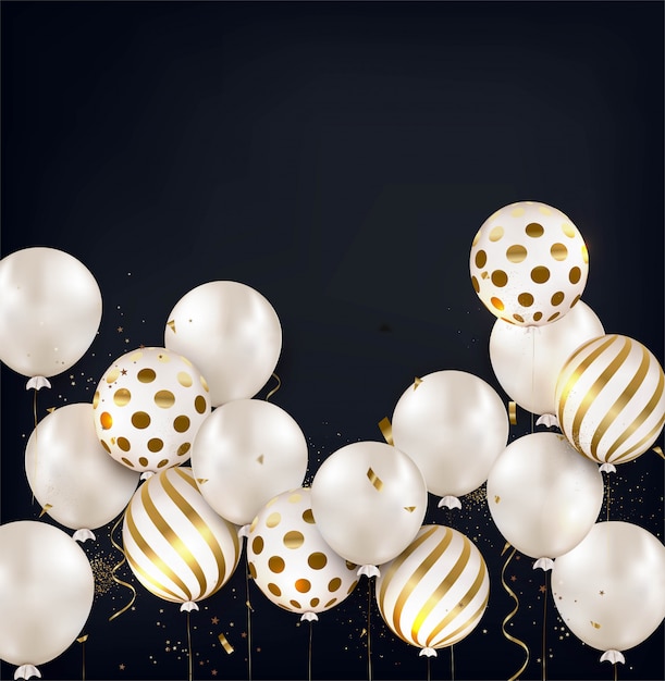 白い風船でエレガントな黒の背景 誕生日パーティーのコンセプト プレミアムベクター