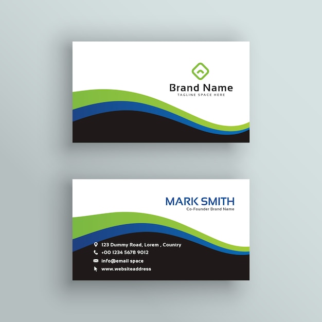 Elegant business card design in green and blue\
wavy shape