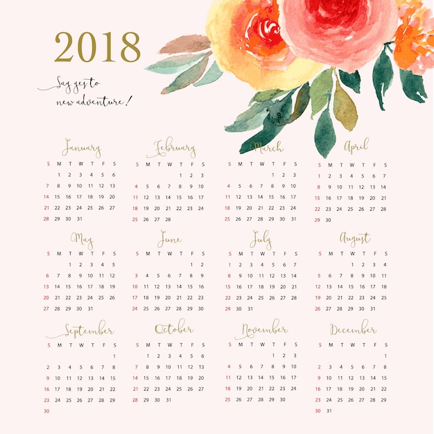 Premium Vector | Elegant calendar 2018 with floral watercolor