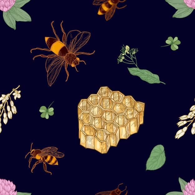 手描きの蜂 ハニカム リンデンの葉 暗い背景に咲く草原の花でエレガントなカラフルなシームレスパターン テキスタイルプリント 壁紙の自然なイラスト プレミアムベクター