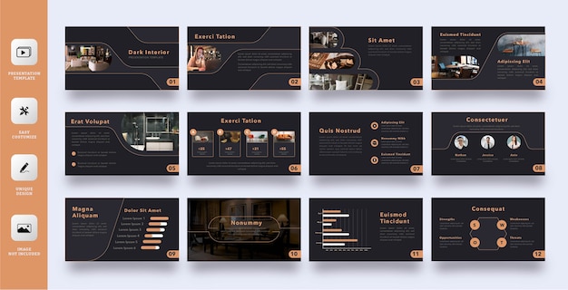 Elegant dark interior business presentation template set Premium Vector