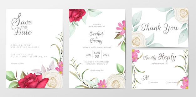 Elegant foliage wedding invitation cards template set ...