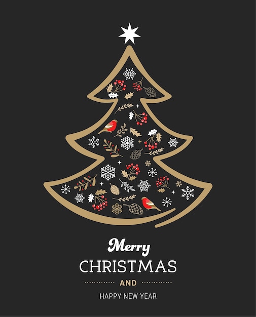 Premium Vector | Elegant gold and black christmas tree with xmas elements.