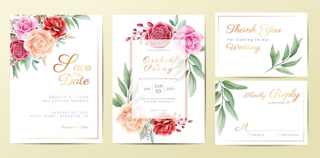 Elegant golden floral wedding invitation cards template set Premium Vector
