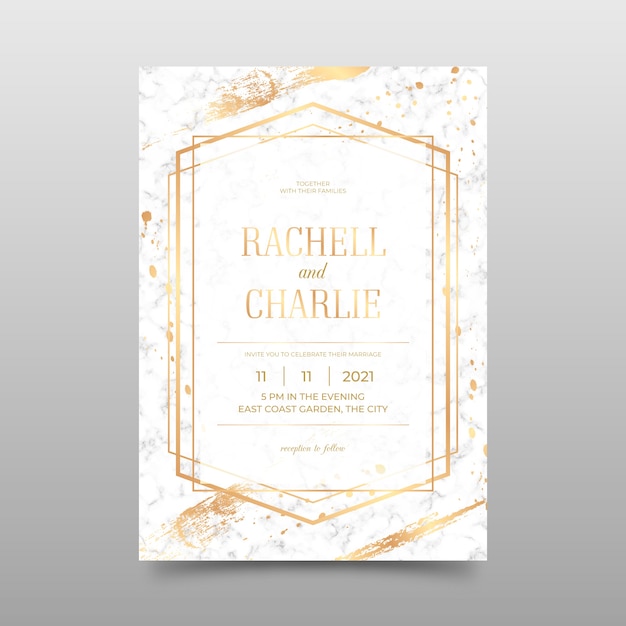 Download Elegant marble wedding invitation template with golden details | Free Vector