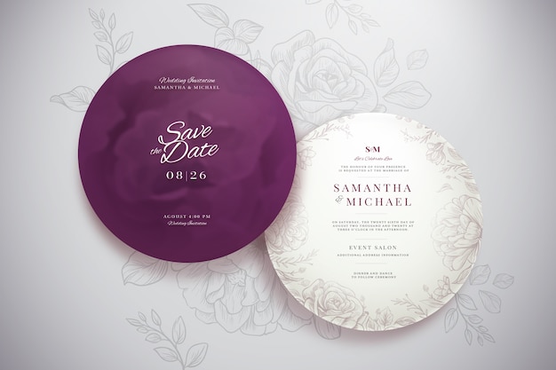 Elegant round wedding invitation template set Free Vector