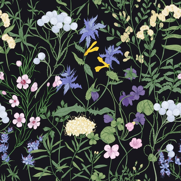 ゴージャスな咲く野生の花と黒の背景に美しい開花ハーブとエレガントなシームレスパターン プレミアムベクター