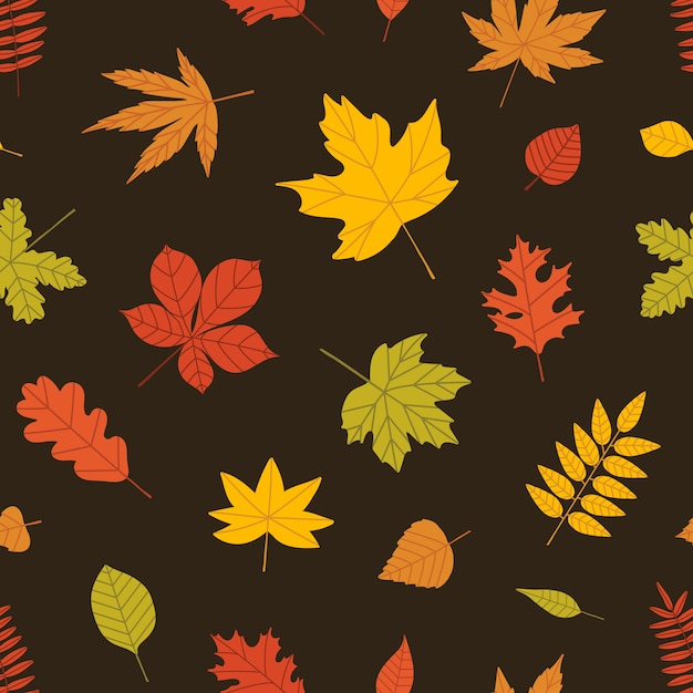 黒い背景に森の木々の紅葉とエレガントな季節のシームレスパターン 包装紙 壁紙 テキスタイルプリントのフラットスタイルの雑多な植物装飾的なイラスト プレミアムベクター