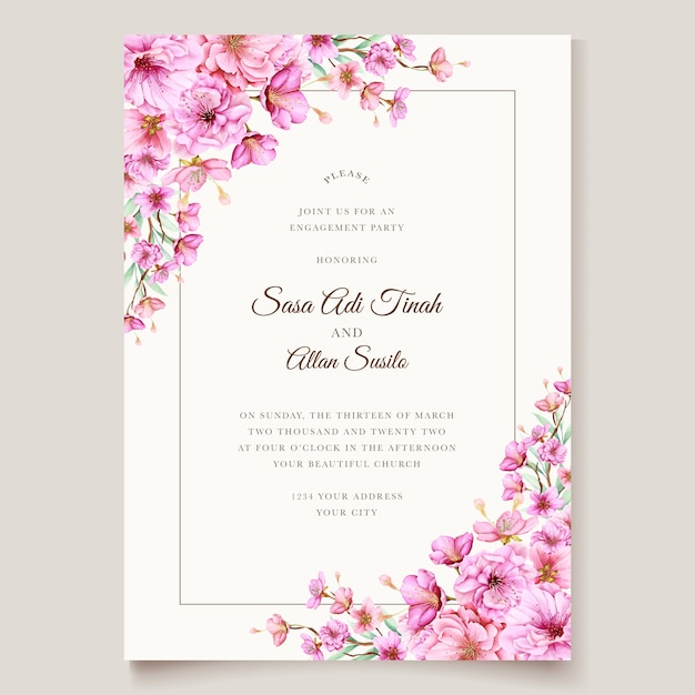 Elegant watercolor cherry blossom invitation card template Premium Vector