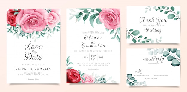 Elegant wedding invitation card template set with burgundy and peach watercolor flowers decor Premiu