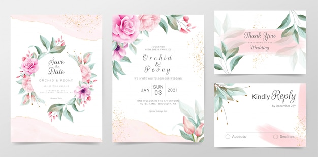 Elegant wedding invitation cards template with watercolor floral decoration Premium Vector