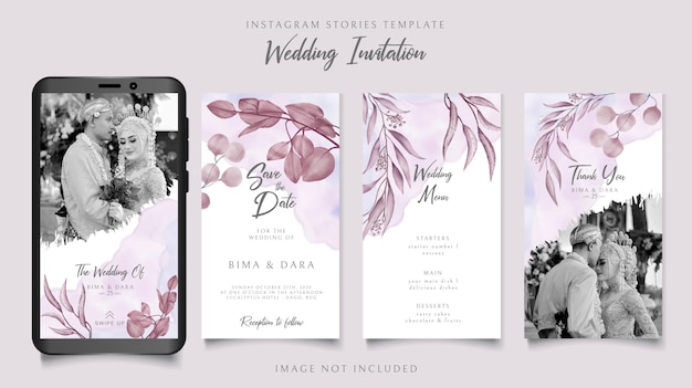 花のフレームの背景を持つエレガントな結婚式の招待状instagramストーリーテンプレート プレミアムベクター