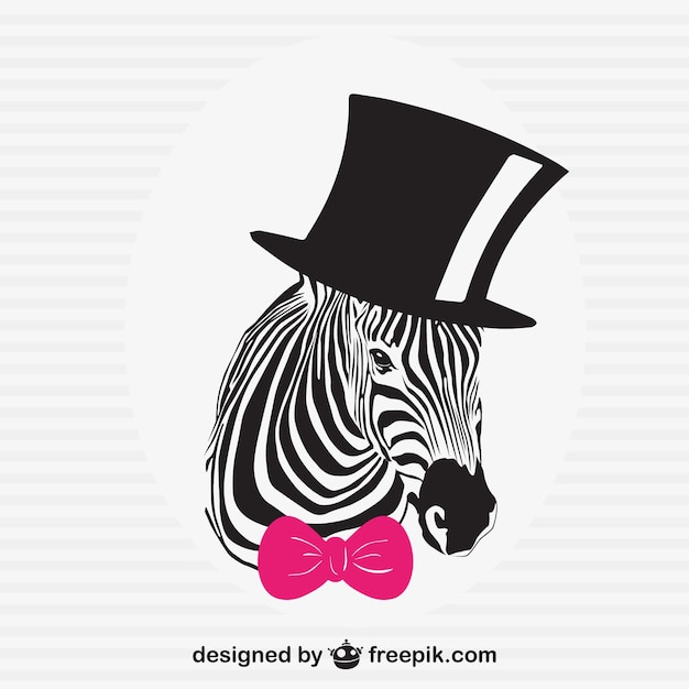 Elegant zebra with black hat and pink bow\
tie