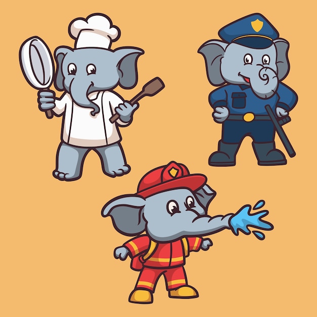 象は シェフ 警察 消防士の動物のロゴのマスコットイラストパックで働いています プレミアムベクター