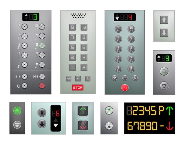 白い背景で隔離のエレベーターボタンパネルセット プレミアムベクター