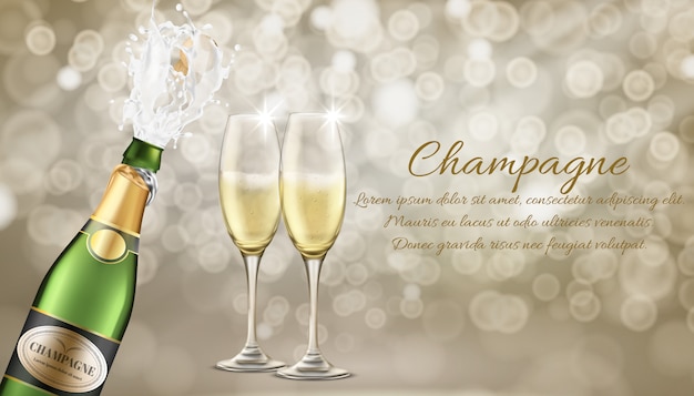 Download Free Vector Elite Champagne Realistic Vector Advertising Banner Template Champagne Splashing From Bottle With Flying Out Cork Two Wineglasses Filled Sparkling Wine Or Carbonated Alcohol Drink Illustration
