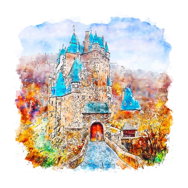 Download Premium Vector | Eltz castle germany watercolor sketch ...