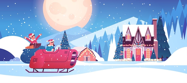 Premium Vector | Elves driving sleigh car with gifts merry christmas ...