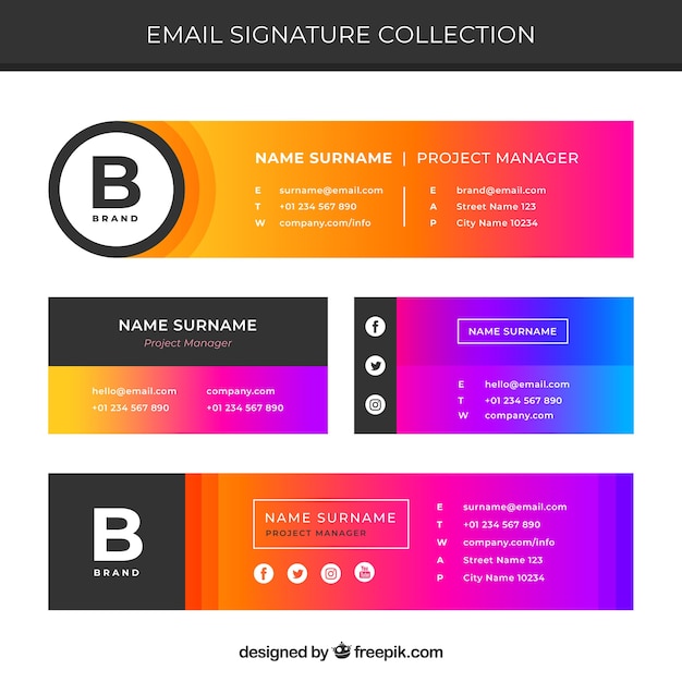 Email signature collection in gradient colors Free Vector