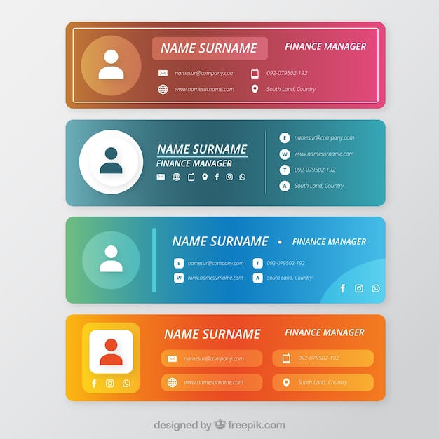 Email signature collection in gradient colors Free Vector