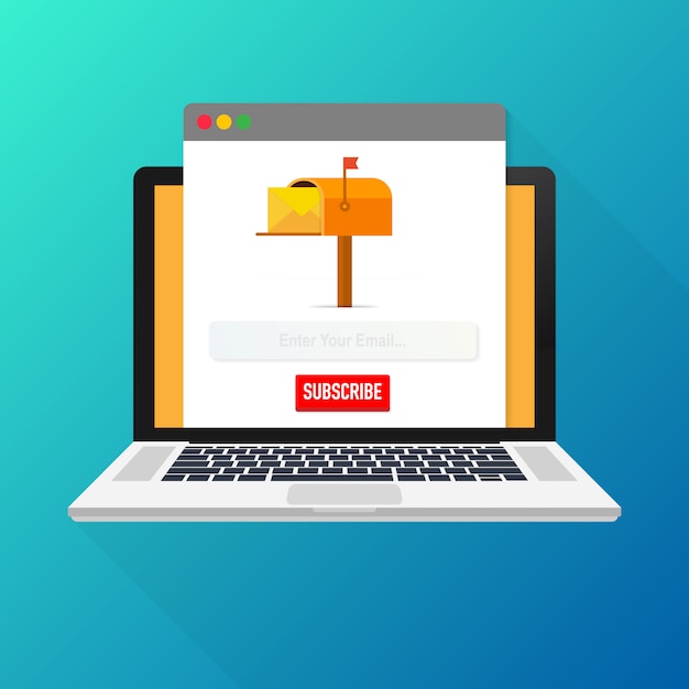 Email subscribe, online newsletter vector template with mailbox and submit button on laptop screen. Premium Vector