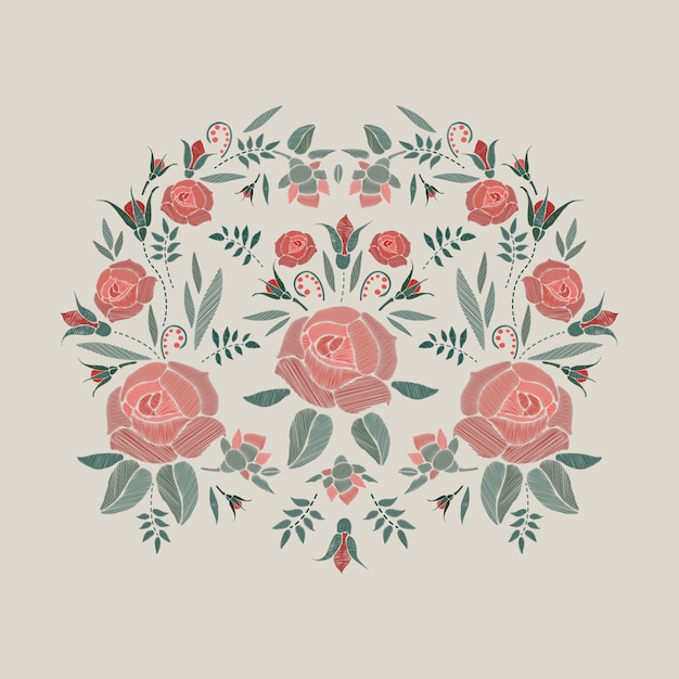プレミアムベクター バラの花 つぼみ 葉を刺繍した構成 ベージュ色の背景にサテンステッチ刺繍花 柄 服 ドレス 装飾のフォークラインのトレンディなパターン
