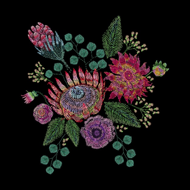 野生の花と庭の花、つぼみ、葉を刺繍した構成。黒い背景にサテン 