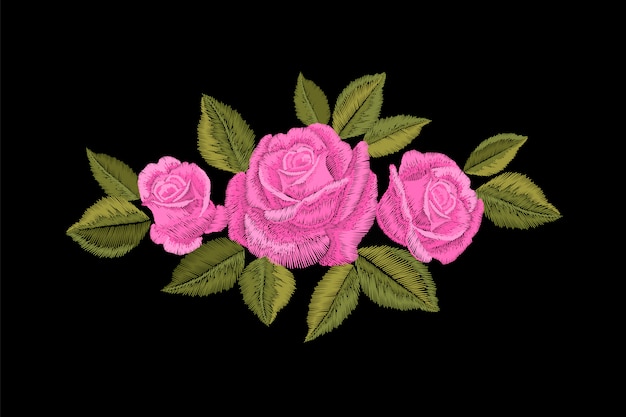刺繍のピンクのバラ ファッションパッチ装飾ステッカー 花刺繍オーナメント 伝統的な民族生地テキスタイルプリントイラスト プレミアムベクター