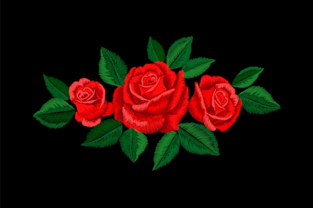 刺繍の赤いバラ ファッションパッチ装飾ステッカー 花刺繍オーナメント 伝統的な民族生地テキスタイルプリントイラスト プレミアムベクター