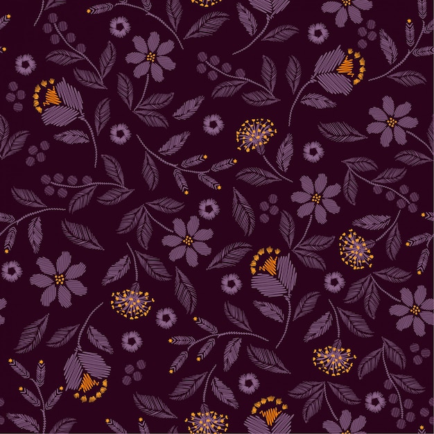Embroidery seamless pattern with beautiful wild flowers Premium Vector