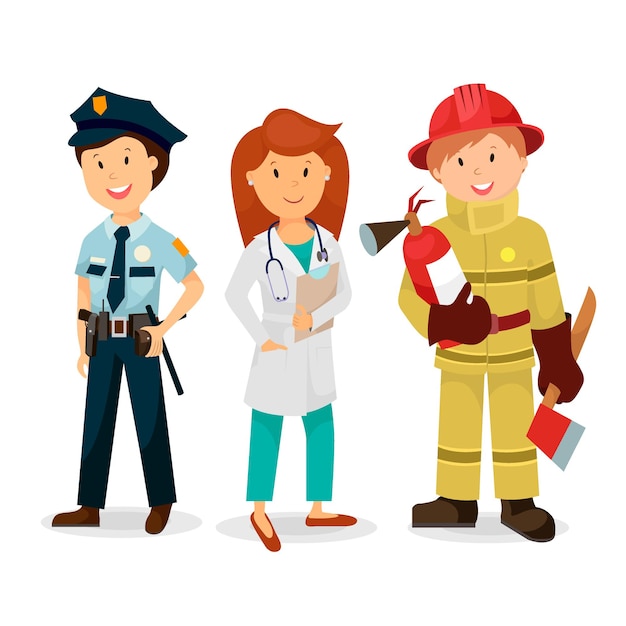 Premium Vector | Emergency service , a police officer , doctor, fireman.