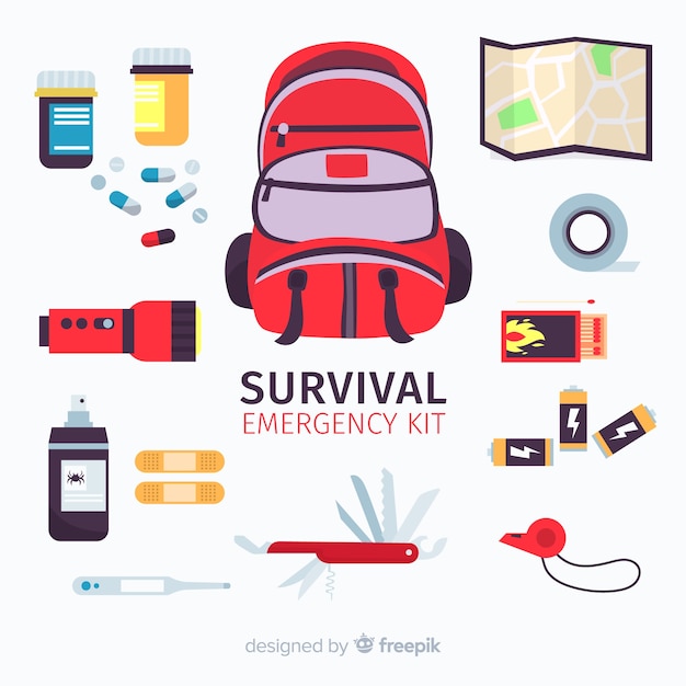 Emergency survival kit with flat design Vector Free Download