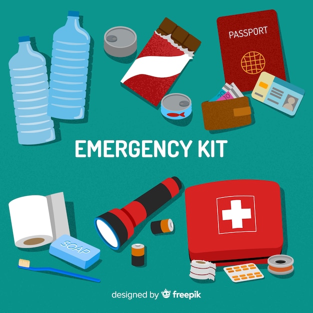 Emergency survival kit with flat design | Free Vector