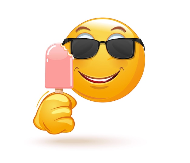 スティックにかまれたアイスクリームを保持しているサングラスの絵文字 アイスクリームを食べる幸せな絵文字の顔 図 プレミアムベクター