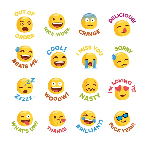 Emoji sticker set with messages for social network Premium Vector