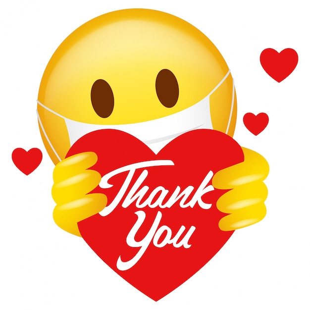 Emoticon Wearing Medical Mask Holding Heart Symbol With Thank You.