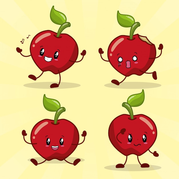 さまざまな幸せな表情を持つ4つのかわいいリンゴの感情カワイイfrset 無料のベクター