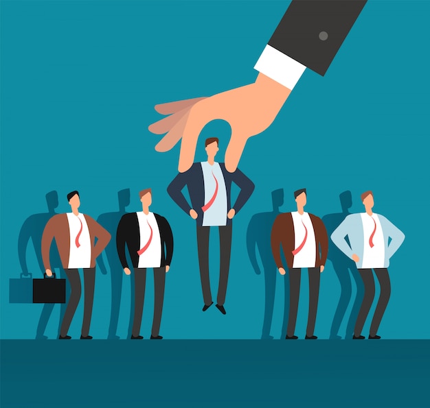 Employer hand choosing man from selected group of people. recruitment vector business concept Premium Vector