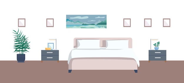 空の寝室のフラットカラーイラスト 居心地の良いホテルの部屋の背景に絵を描いた2d漫画のインテリア 快適な宿泊施設 ナイトスタンドと観葉植物で作られたベッド プレミアムベクター