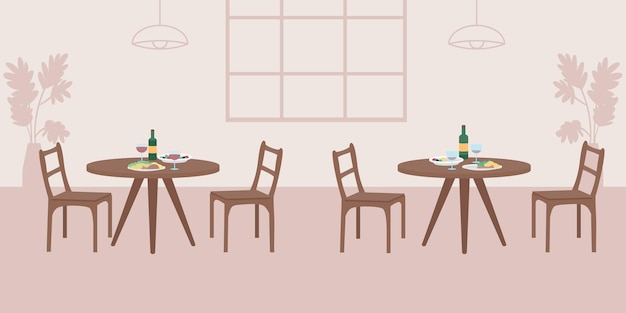 空のカフェフラットカラーベクトルイラスト カップルのための夕食付きの2つのテーブル 友達のためのランチ 娯楽のための公共スペース 背景にカフェテリアの装飾が施されたレストラン2d漫画のインテリア プレミアムベクター