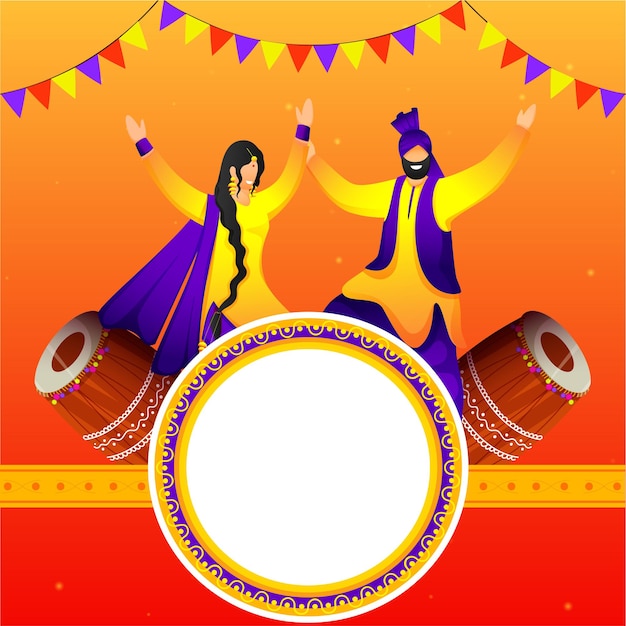 Premium Vector | Empty circular frame with cartoon punjabi couple doing