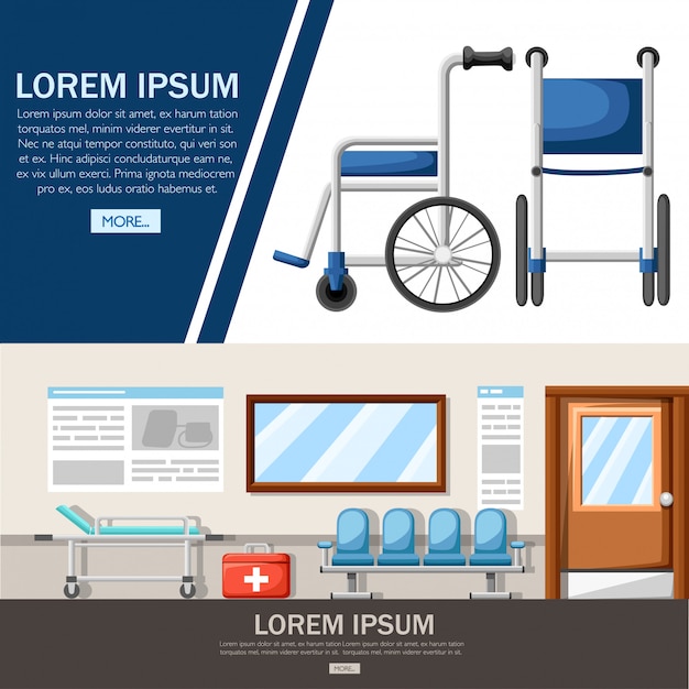 空の病院の廊下 車椅子と病院用ベッドのあるクリニックの廊下のインテリア 応急処置キット 医療コンセプト 図 Webサイトページとモバイルアプリ プレミアムベクター