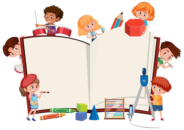 Premium Vector | Empty opened book with school kids and stationery elements