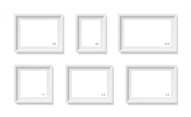 空の画像フレームのモックアップ 写真コンテナテンプレート 白い壁に分離された3 Dイラスト 紙のポスターのための空白 オブジェクトセット プレミアムベクター