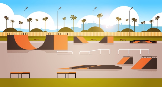 Premium Vector | Empty public skate board park with various ramps for