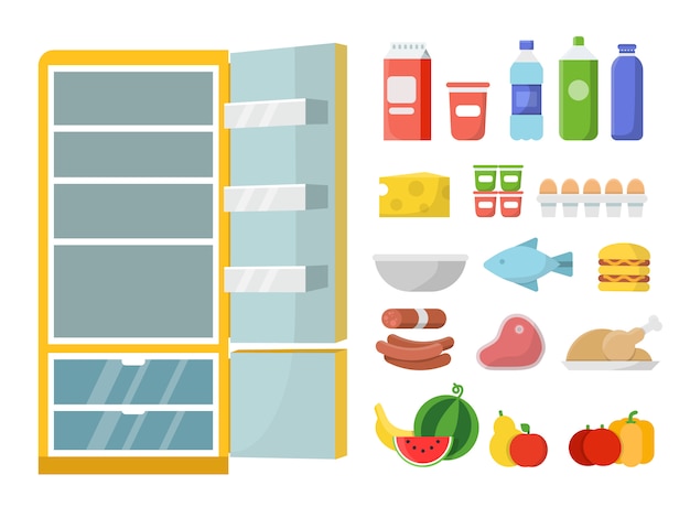 空の冷蔵庫と別の食べ物 ベクトルフラットイラスト 冷蔵庫および食品生 牛乳瓶および肉 野菜および果物 プレミアムベクター