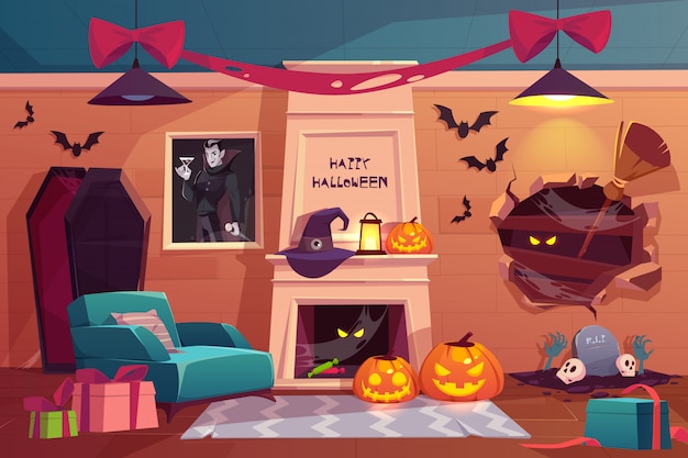 Empty Scary Vampire Room With Pumpkins Fireplace Furniture