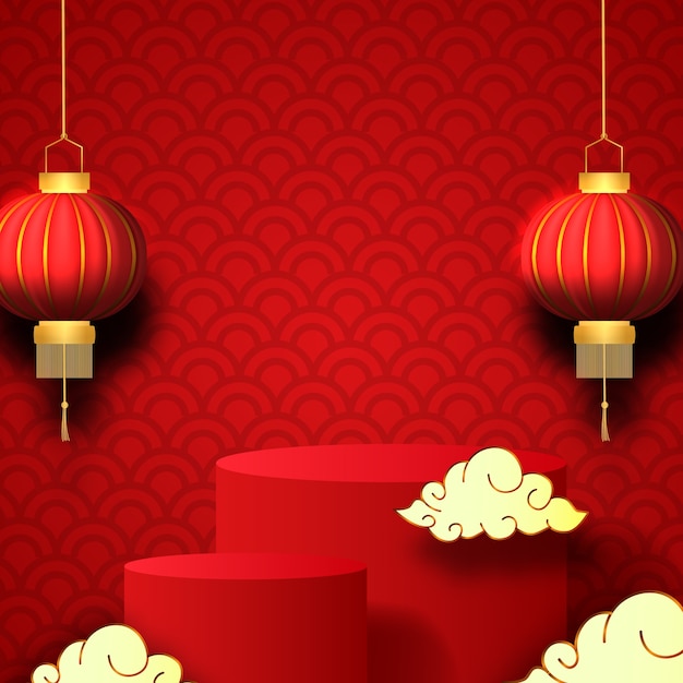 Download Premium Vector Empty Stage Product Display For Chinese New Year Sale Offer With Traditional 3d Lantern