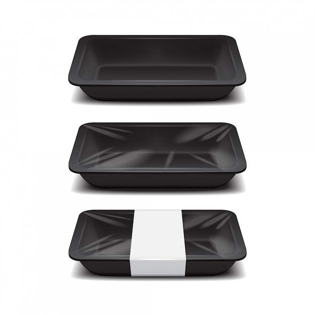 Download Empty styrofoam food storage. black food plastic tray, set of foam meal containers with white ...