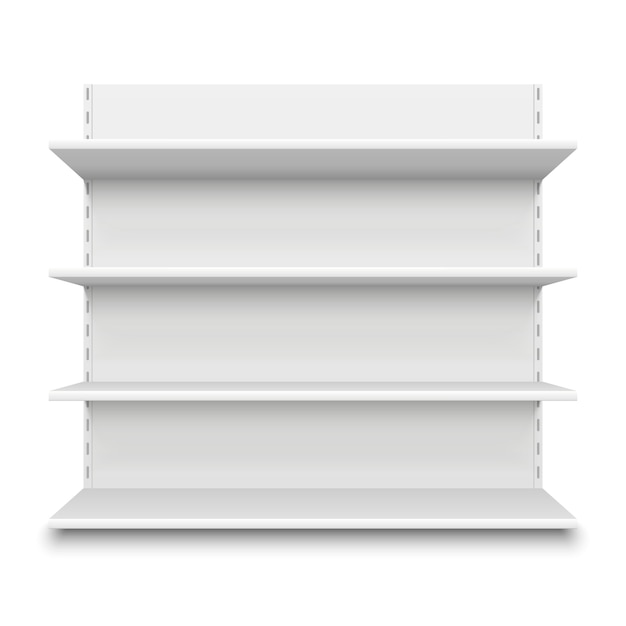 Empty supermarket shelf. retail store white blank shelves for merchandise, mall display mockup ...